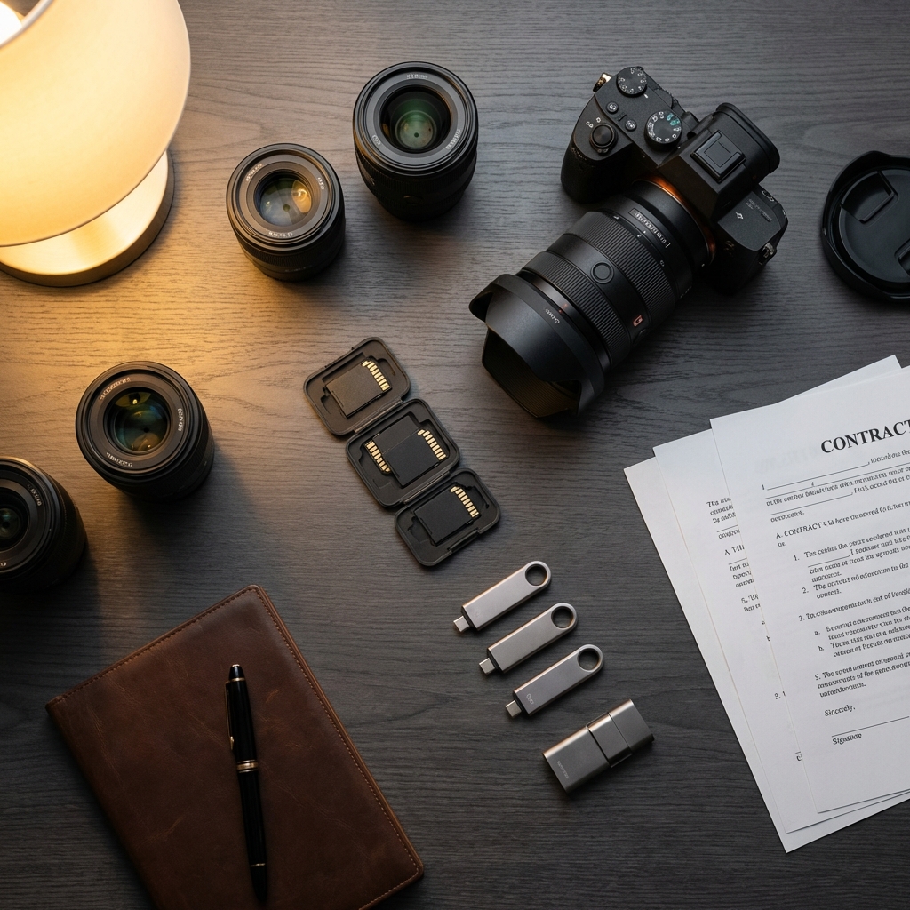 Equipo fotográfico profesional y contrato