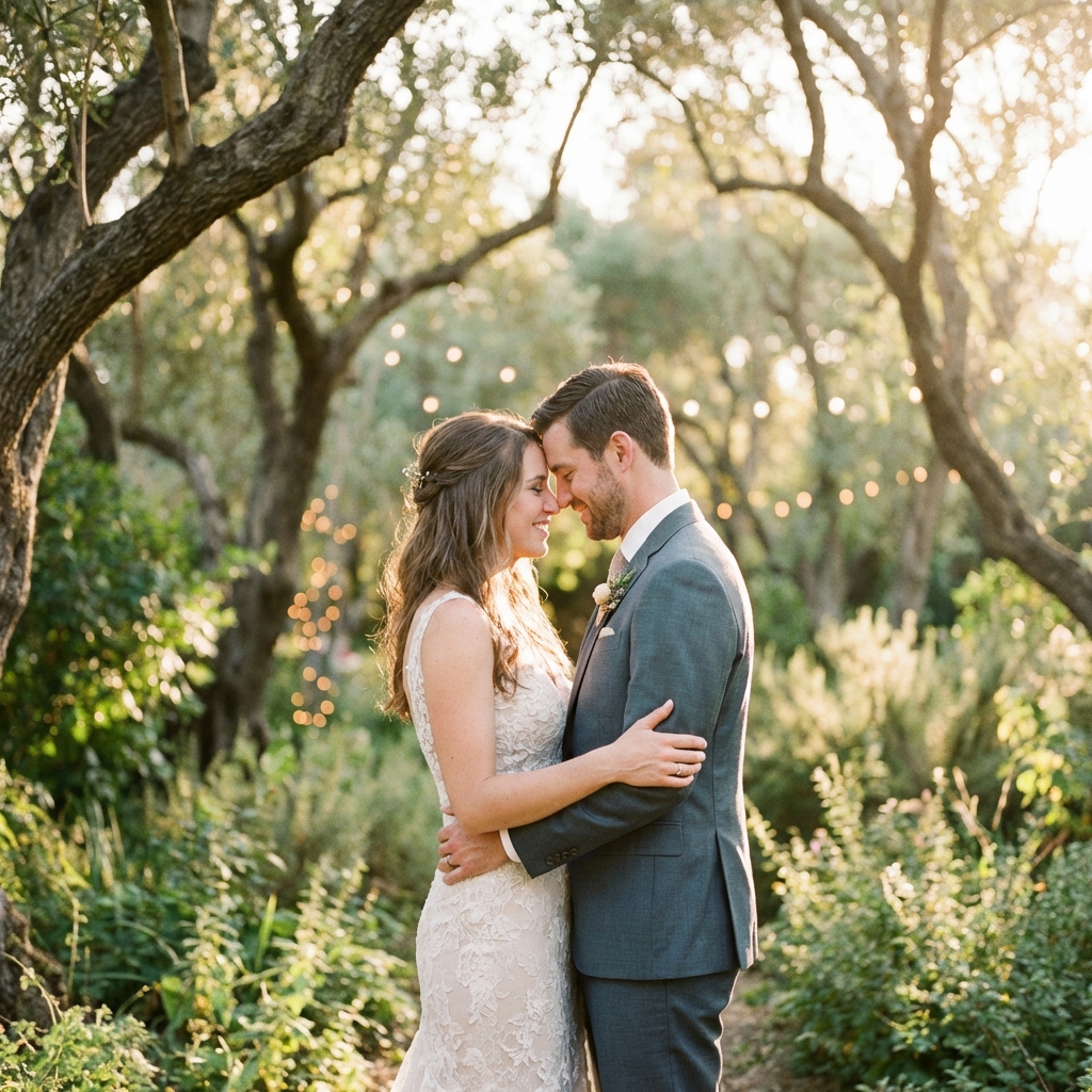 Fotografía de boda romántica en jardín